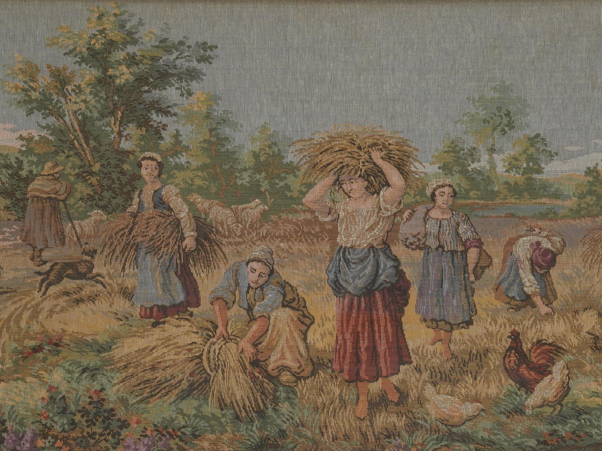 ANTIQUE FRAMED TAPESTRY OF PEASANTS IN THE FIELD PIC-2